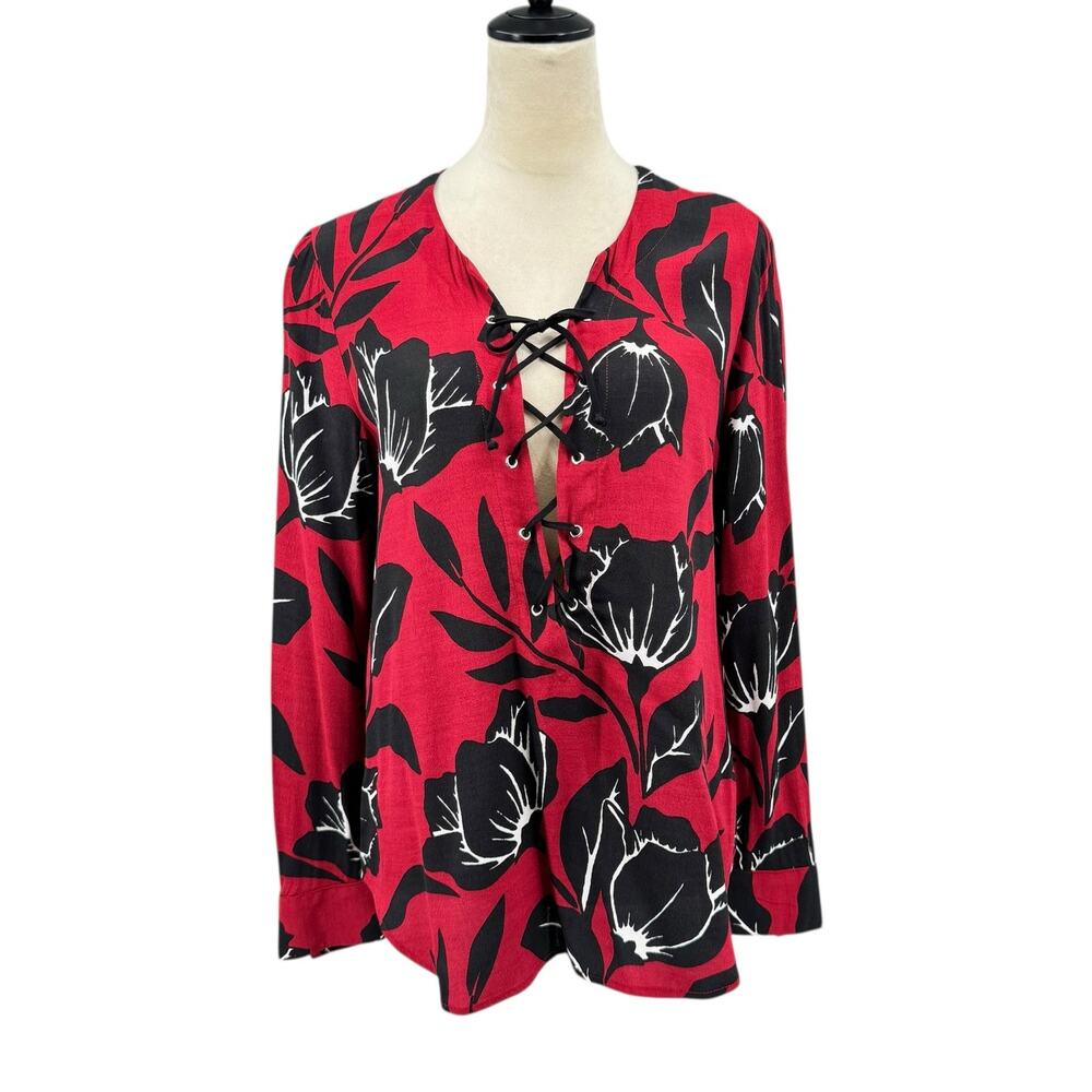Fifteen Twenty Red & Black Long Sleeve Floral Romance Whimsygoth Career Blouse